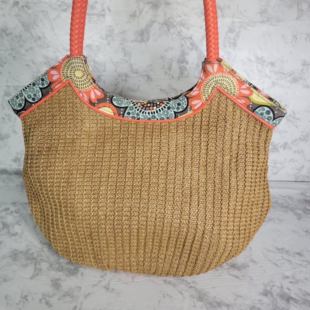 Vera Bradley Straw Tote Bag Tan Woven Floral Trim Orange Braided Handles Boho - Picture 3 of 12